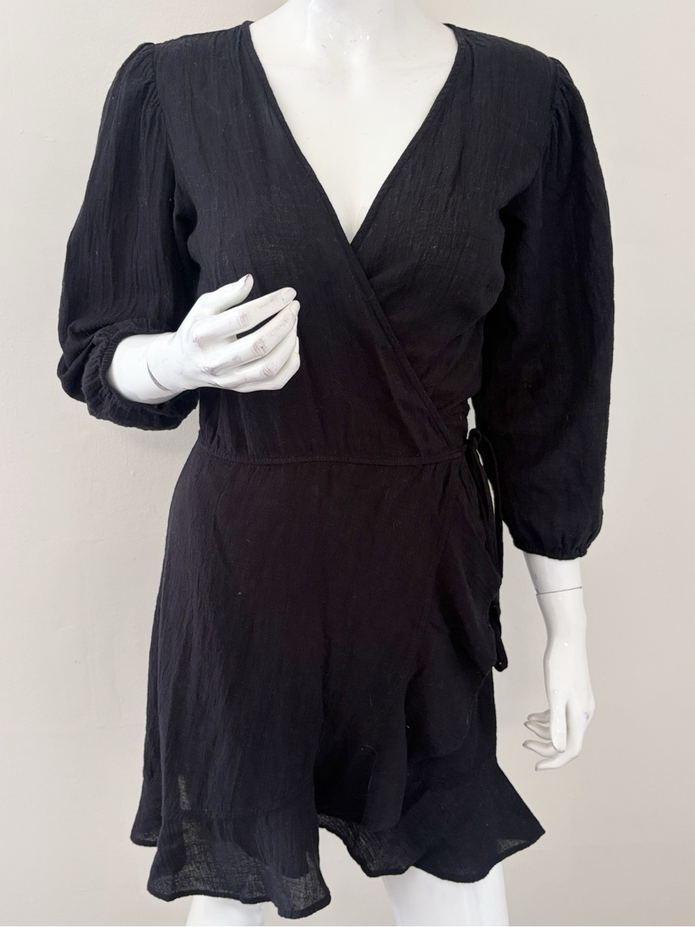 Honorine Black Linen Wrap Mini Dress w Puff Sleeves & Ruffle Hem Beach Coverup
